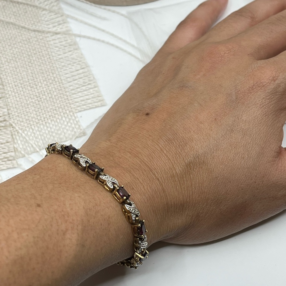 Vintage Sterling Silver 925 Garnet Bracelet 7.5” Estate 15.9g Two-Tone Design - Picture 14 of 17